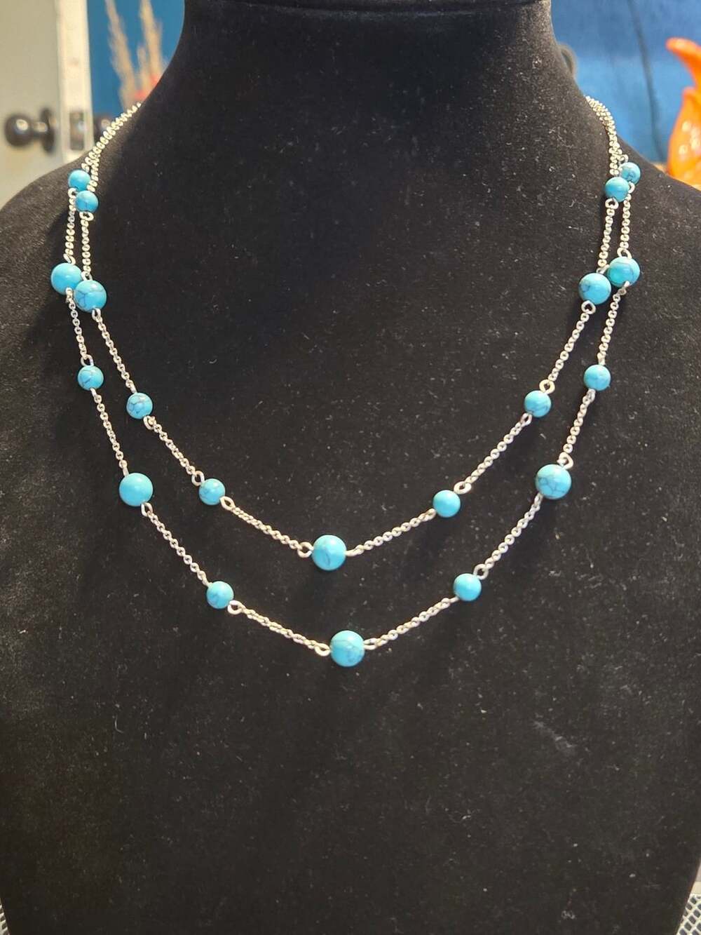 Chaps Turquoise Dyed Howlite Beads Station Double Layer Necklace